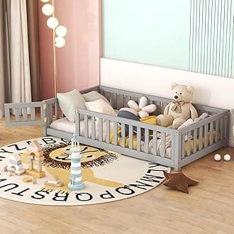 Favfurish Twin Size Wood Floor Bed with Safety Guardrails and Switched Door,Bedroom Furniture for Kids,Boys & Girls,Gray
