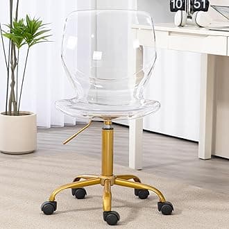 Acrylic Clear Desk Chair, Modern Small Cute Armless Vanity Rolling Plastic Chair Home Office Lucite Ghost Curved Chairs Padded with Golden Legs and Adjustable Height, Gold