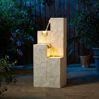 Glitzhome 34" H Outdoor Water Fountain with LED Light and Pump, 4-Tier Vintage Faux Terrazzo Geometric Square Column Polyresin Outdoor Floor Standing Fountain for Porch Deck Patio Backyard