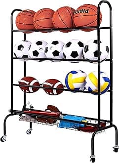 Fitvids Garage Sports Equipment Organizer, Garage Ball Storage, Sports Gear Storage, Garage Organizer with Baskets and Hooks, Rolling Sports Ball Storage Cart, Black, Steel