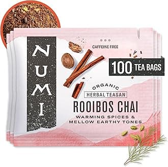 Numi Organic Tea Rooibos Chai, 100 Count Box of Tea Bags (Packaging May Vary), Caffeine Free Herbal Tea, Bulk Organic Rooibos Bagged Tea Blended w/Chai Spices, Premium Organic Non-Caffeinated Tisane