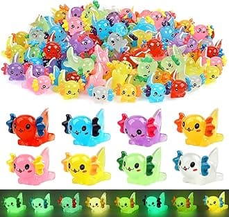 64 pcs Luminous Mini Resin Axolotl 8 Colors Glow in The Dark Tiny Small Little Resin Axolot to Hide Plastic Animal Figures for Garden Micro Landscape Aquarium Potted DIY Miniature Dollhouse Decor