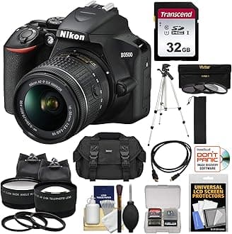 Nikon D3500 Digital SLR Camera & 18-55mm VR DX AF-P Lens with 32GB Card + Case + Tripod + 2 Lens Kit (Renewed)