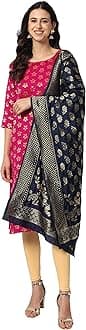 VredeVogel Women's Cotton Silk Blend Straight Kurta with Banarasi Silk Dupatta