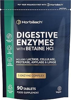 Digestive Enzyme Supplements | Complex with Betaine HCL, Amylase, Lactase, Protease, Lipase & Cellulase | 90 Vegan Tablets | by Horbaach