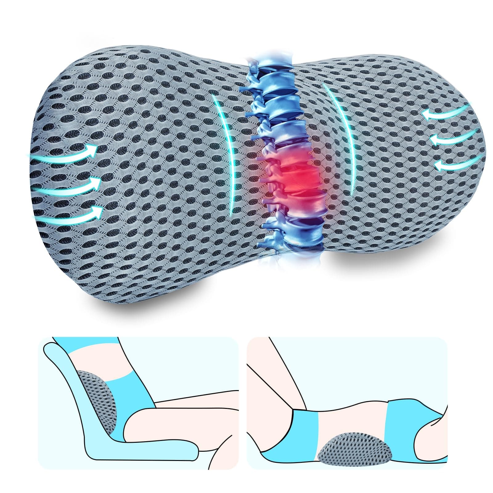 Lumbar Support Pillow, Memory Foam Back Support Pillow for Office Chair, Car Seat, Gaming Chair, Recliner and Bed, Neo Cushion for Low Back Pain Relief (Gray)