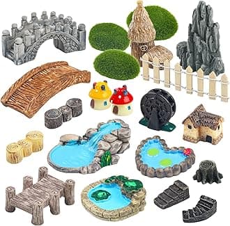 21 Pcs Fairy Garden Miniatures Accessories Bridge House Landscape Water Well Fence Figurines Pond Mushroom Lawn Garden Ornament for DIY Craft Garden Succulent Decor
