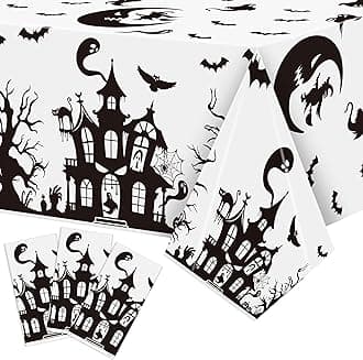 Halloween Haunted House Tablecover - 3 Pack 86 * 51inch Disposable Waterproof Rectangle Plastic Covers, Creepy Gothic Print for Halloween Parties, Kids’ Birthdays, Picnics & Camping Decor