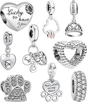 9 Pack Silver Spacers Beads Charms fit Pandora Bracelet Love Heart Dangle CZ Pendant Set Crown Family Paw