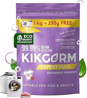 KIKGERM Plant Based Laundry Detergent Powder With Fabric Conditioner (1.25 Kg) 1 Kg + 250gm - Natural, Eco-friendly, Non-toxic, Biodegradable - Kids Safe, Skin Safe, Pet Safe - Tough Stain Remover