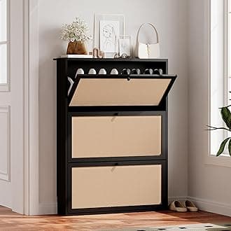 AVZEAR Narrow Shoe Storage Cabinet for Entryway with Natural Linen Panel, Freestanding Slim Shoe Cabinet with 3 Flip Drawers, Wood Shoe Organizer Closed Shoe Rack for Hallway, Living Room(Black)