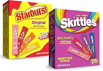 Skittles & Starburst Singles To Go Wild Berry & Starburst Flavors Variety Pack, Watertok Powdered Drink Mix, Zero Sugar, Low Calorie, Includes 4 Wild Berry & 4 Starburst Flavors, (60 Single Servings)