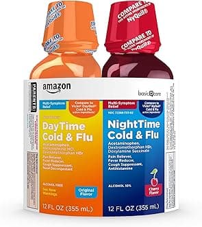 Amazon Basic Care Daytime and Nighttime Cold and Flu Relief Syrup Combo Pack, Powerful Liquid Flu and Cold Medicine for Day and Night, Gluten Free, Original & Cherry, 12 fl oz (Pack of 2)