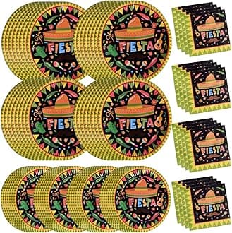 Fiesta Cinco De Mayo Party Supplies Paper Plates and Napkins Bulk 200PCS Mexican Themed 9 inch 7 inch Dessert Round Disposable Plates Party Favors Tableware Set for 50 Guests