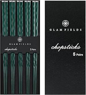 5 Pairs Chopsticks Reusable, Premium Fiberglass Chop sticks Dishwasher Safe for Sushi Ramen, Non-slip, 9 1/2 inches - Gift Set Green with Silver Plated