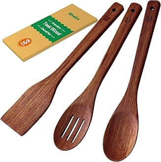 Riveira Teak Wooden Cooking Utensils Set of 3 Natural Teak Wooden Spoons & Spatula, Non-Toxic, Heat-Resistant, Scratch-Free for Non-Stick Cookware