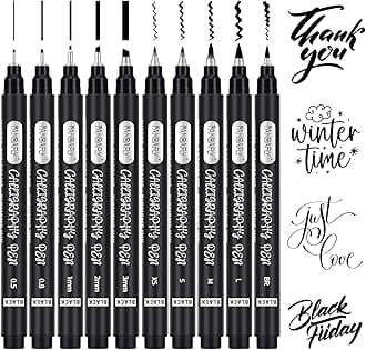 PANDAFLYCalligraphy Pens, 10 Size Hand Lettering Pens for Beginners Writing, Art Drawings, Sketching, Scrapbooking, Journaling, Brush Markers Set for Artist Adults Kids Beginner