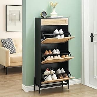 3 Flip Drawers Shoe Storage Cabinet with 1 Drawer, Rattan Shoe Organizer with Metal Legs, Freestanding Narrow Shoe Rack Cabinet for Entryway, Black