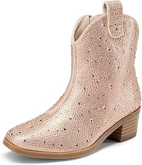 DREAM PAIRS Girls Cowgirl Cowboy Rhinestone Boots Ankle Low Heel Dress Booties