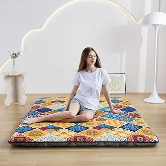 Japanese Floor Mattress Full, Anti-Slip Japanese Futon Foldable Tatami Mat for Guests, Boho Orange Checkered