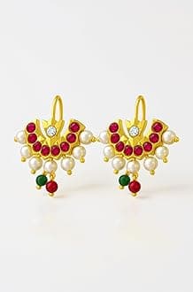 FASHIONS 18K Gold Plated Anti Tarnish Traditional Maharashtrian White Pearl Ruby Stone Half Moon Peacock Shape bugadi Upper Ear Clip on Pressing Earrings For Women & Girls