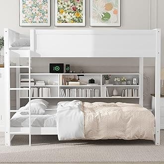 Wood Bunk Bed Queen Over Queen Size with Built-in Storage Cabinets and USB Ports, Versatile Bunk Bed Frame with Ladder and Guardrail for Kids Teens Adult, Maximize Space (White-9.30)