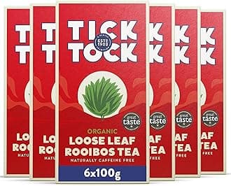 Tick Tock Organic Rooibos Loose Leaf Tea - Caffeine-Free Herbal Redbush, Pack of 6 x 100g, Naturally Sweet and Biodegradable for Wellbeing and Relaxation
