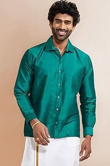 Vastramay Men's Silk Blend Ethnic Shirt | Full Sleeves South Indian Traditional Shirt | Festive, Wedding, Casual Wear