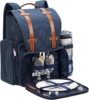Picnic Backpack for 2 Person with Large Insulated Cooler Bag, Picnic Basket Set with Wine Pouch, Waterproof Picnic Blanket & Cutlery Set. Perfect for, Camping, Party,Wedding Gift for Couple,Blue