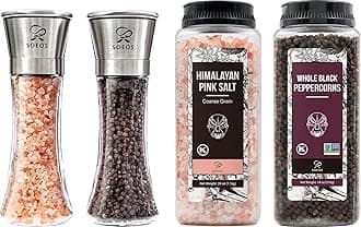 Soeos Whole Black Peppercorns 18OZ + Himalayan Salt 38oz + Grinders 2 Packs.,Black/Pink,4 Piece Set