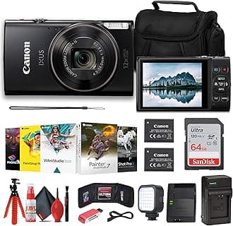 Canon PowerShot IXUS 285 HS 12X Optical Zoom Digital Camera (Black) (1076C001) + NB11L Battery + 64GB Memory Card + Corel Photo Software + Case + Charger + LED Light + Card Reader + More