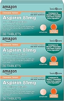 Amazon Basic Care Aspirin 81 mg Pain Reliever (NSAID) Chewable Tablets, Low Dose , Orange Flavor, 36 Count (Pack of 3)
