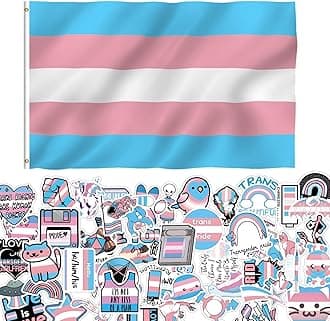 3x5 Ft Transgender Flag and 60pcs Stickers- Vivid Color and Fade proof - Canvas Header and Double Stitched - Pink Blue Rainbow LGBT Pride Month Parade Flags with Brass Grommets
