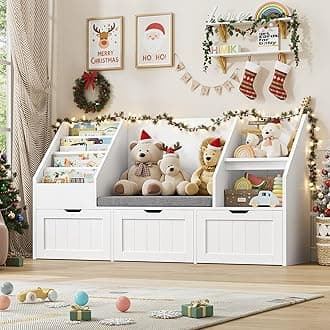 FOTOSOK 55.1’’ Kids Bookshelf with Reading Nook, Toy Storage Organizer with Seat Cushion and 3 Movable Drawers, Kids Reading Nook Toy Organizers and Storage with Bench for Playroom, Bedroom, White