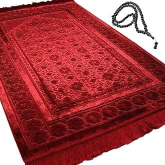 - Modefa Velvet Prayer Rug - Soft Plush Turkish Janamaz Sajada Carpet for Men and Women - Plain Solid Prayer Mat Ramadan Eid Gift - with Prayer Beads - Luxury Floral Stamp (Red)