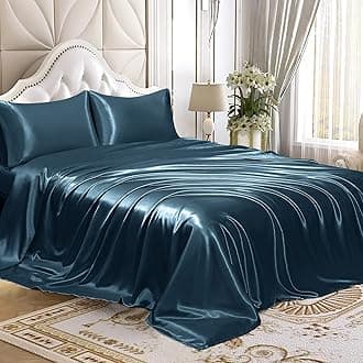Homiest 4pcs Satin Sheets Set Luxury Silky Satin Bedding Set with Deep Pocket, 1 Fitted Sheet + 1 Flat Sheet + 2 Pillowcases (Queen Size, Deep Sea Blue)