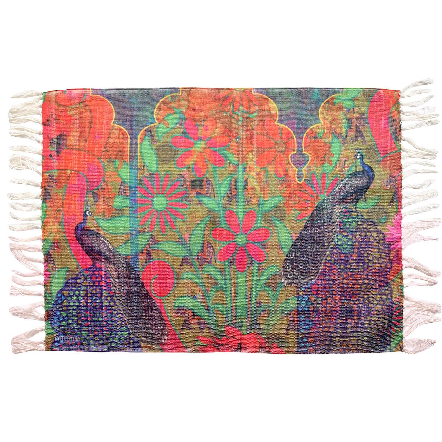 Fatfatiya Two Peacock Re-Cycled Polyester Rug (Multicolour, 2 x 3 Feet) - Small Entryway Rug Printed Doormat Vintage Non-Slip Washable Low-Pile Carpet for Indoor Front Entrance