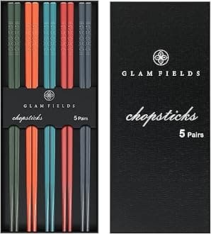 Chopsticks, GLAMFIELDS 5 Pairs Premium Reusable Multicolour Chopsticks for Sushi Japanese Matte Anti-slip Chop Sticks with Gift Case Lightweight Dishwasher Safe, 9.6 Inch