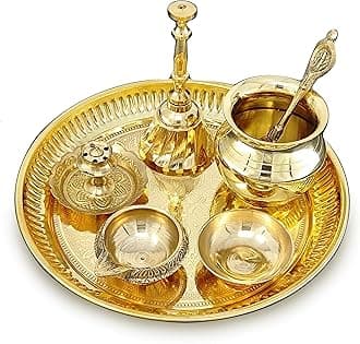 BENGALEN Brass Pooja Thali Set Small 6 Inch Puja Thali with Pital Plate Kalash Kuber Diya Chandan Wati Agarbatti Stand Ghanti Palli Arti Thali for Diwali Home Office Mandir Wedding Return Gift Items