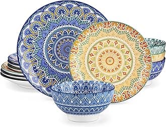 vancasso Mandala 12 Pieces Dinnerware Sets, Porcelain Dinner Set for 4, Boho Plates and Bowls Set, Colorful Dish Sets