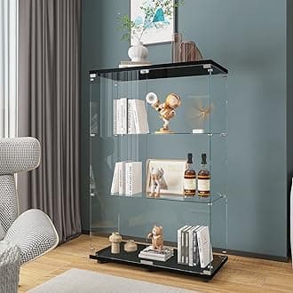Beauty4U 2-Door Glass Display Cabinet, Black Curio Cabinets for Living Room, Bedroom, Office, Collection Display, Quick Installation in 30 Mins, 3 Shelves Black Floor Standing Glass Bookshelf