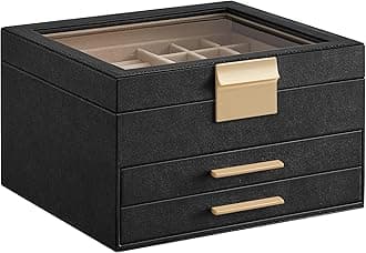 SONGMICS GISELLA Collection - Jewelry Box Organizer, 3-Layer Jewelry Storage with 2 Drawers, Shiny Metal Hardware, Glass Lid, Modern, 8 x 9.1 x 5.3 Inches, Ink Black and Gold Color UJBC239B03