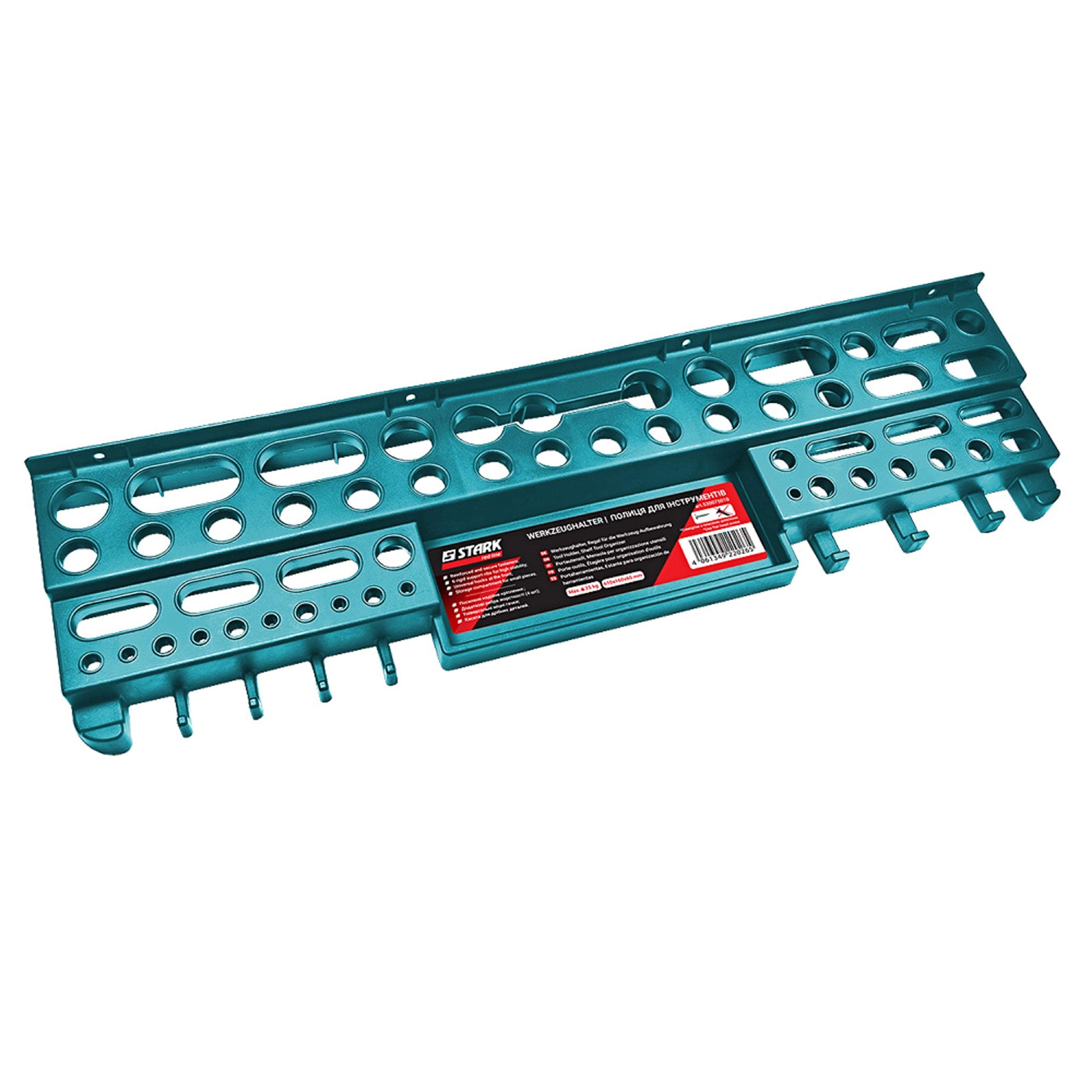 STARK Strong Tool Holder – Wall Rack for Tool Storage | 610 x 160 x 60 mm | Heavy-Duty Shelf with Universal Hooks | Max Load 25 kg