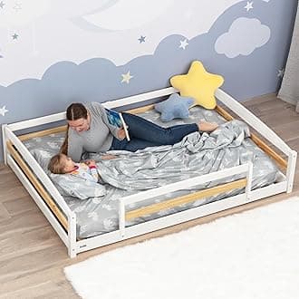 Full Size Montessori Floor Bed for Kids - Strong Slatted Bed Frame with Full Rails - Ideal for Little Girls and Boys - White