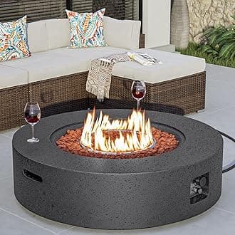 COSIEST 42 inch Outdoor Propane Fire Pit Coffee Table w Concrete Round Base Patio Heater, 50,000 BTU Stainless Steel Burner, Free Lava Rocks, Rain Cover, Gray