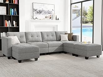 Belffin Modular Storage U-Shape Sectional Sofa Couch with Reversible Chaises 7-seat Sofa with Storage Seat Modular Sectional Sofa Set with Ottomans Modern Fabric Light Grey