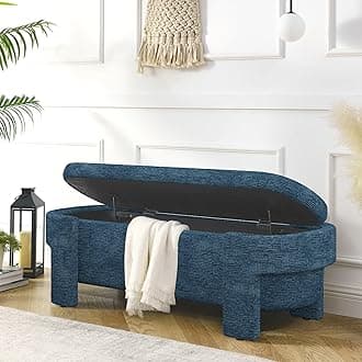 Polibi Linen Fabric Upholstered Bench with Large Storage Space and Safety Hinged Lid,End of Bed Storage Ottoman for The Living Room, Entryway and Bedroom,Dark Blue(51.5''x20.5''x17'')
