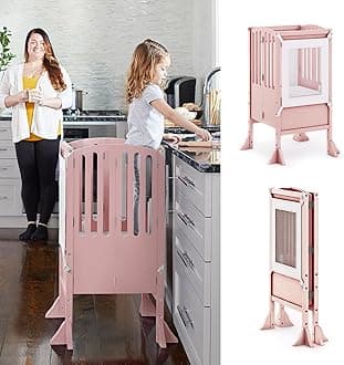 Guidecraft Contemporary Kitchen Helper Toddler Tower - Limited Edition Pink. Original Folding Montessori Learning Step Stool with Safety Nets