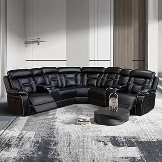 L Shaped Symmetrical Leather Sectional Sofa with Recliner for Living Room,Corner Sectional Sofa,Home Theater Seating with 2 Recliner Seats,3 Console,Cup Holder and Storage,Black