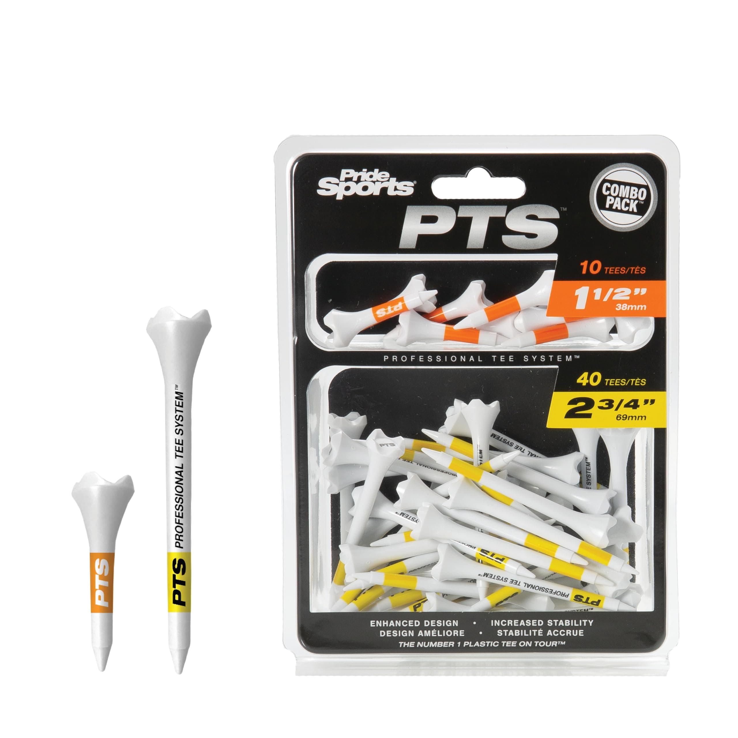 PTS Plastic Golf Tees | Combo 50 Pack - 40 2-3/4” and 10 1-1/2” | #1 Plastic Tee on Tour | The Perfect Tee for Any Hole